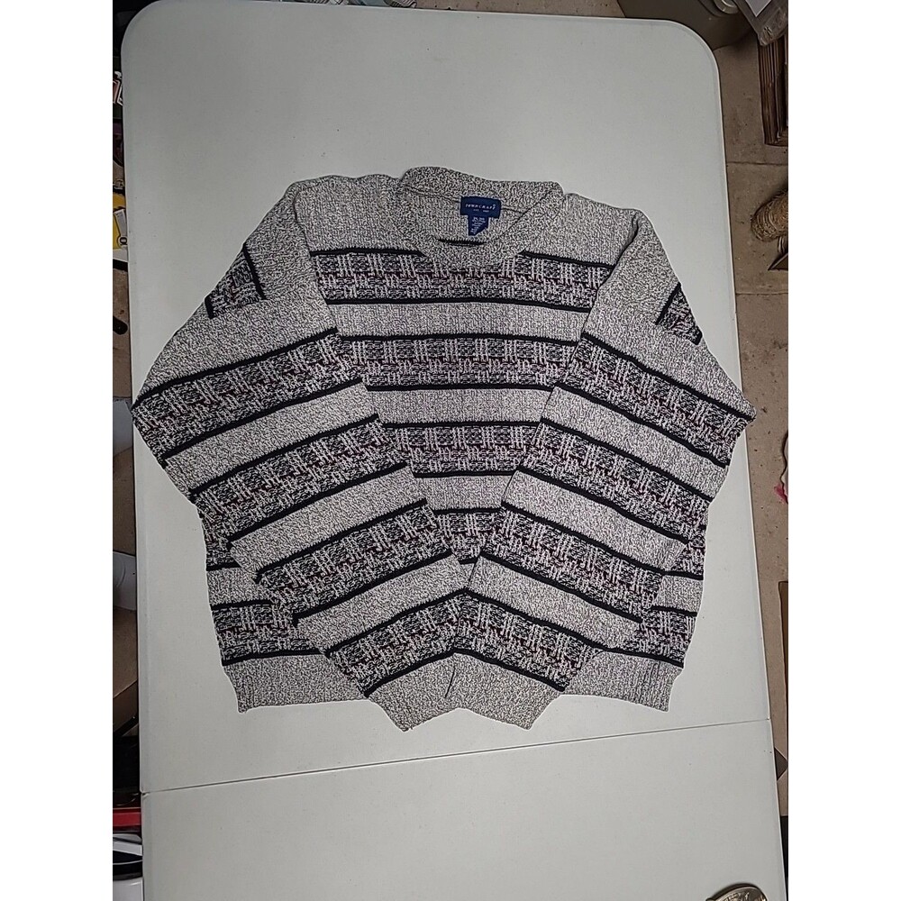 Vintage Towncraft Mens Cardigan Sweater 2XL Grey Striped Ribbed Grandpa (BB34)